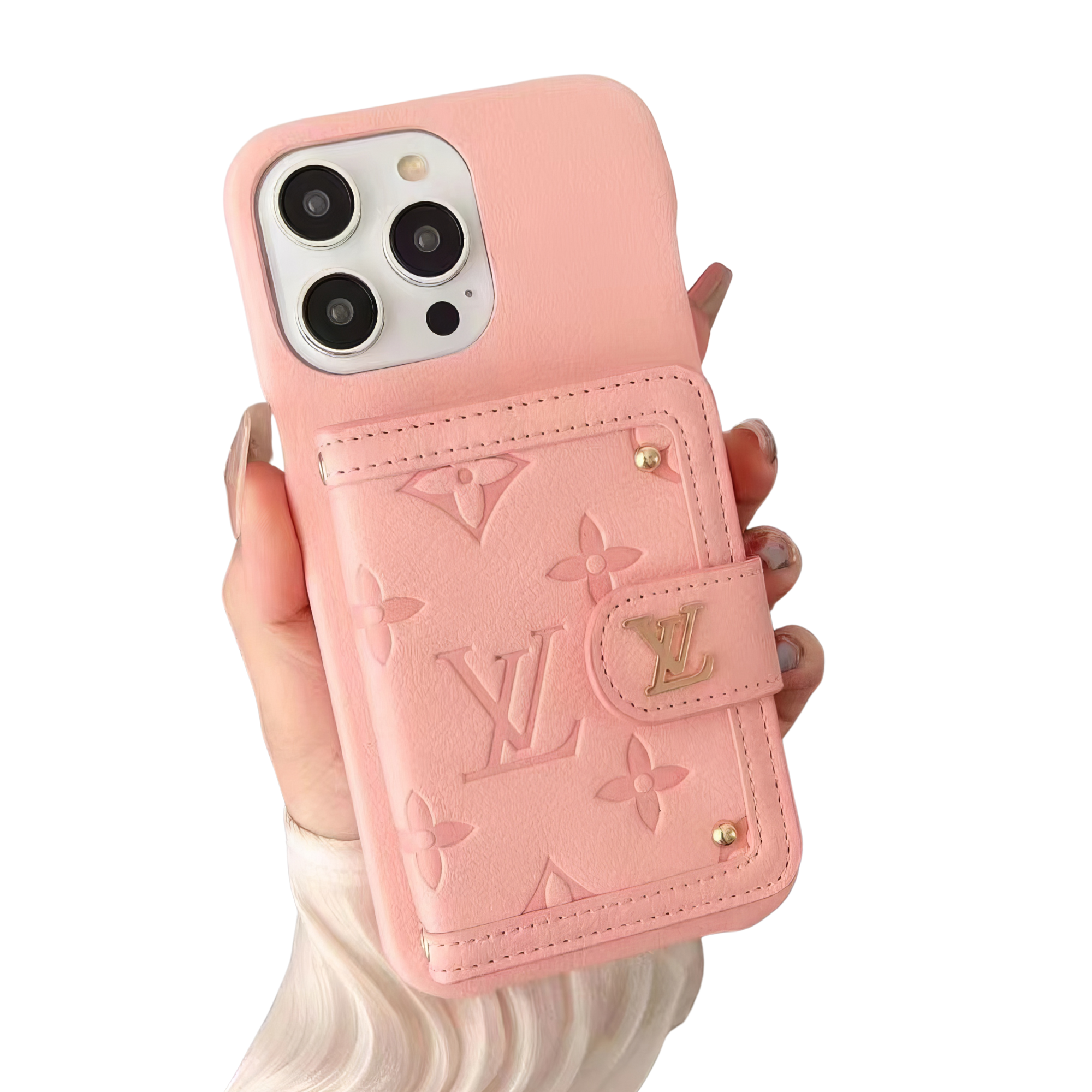 Pink Louis Vuitton leather iPhone case with card holder and monogram pattern.