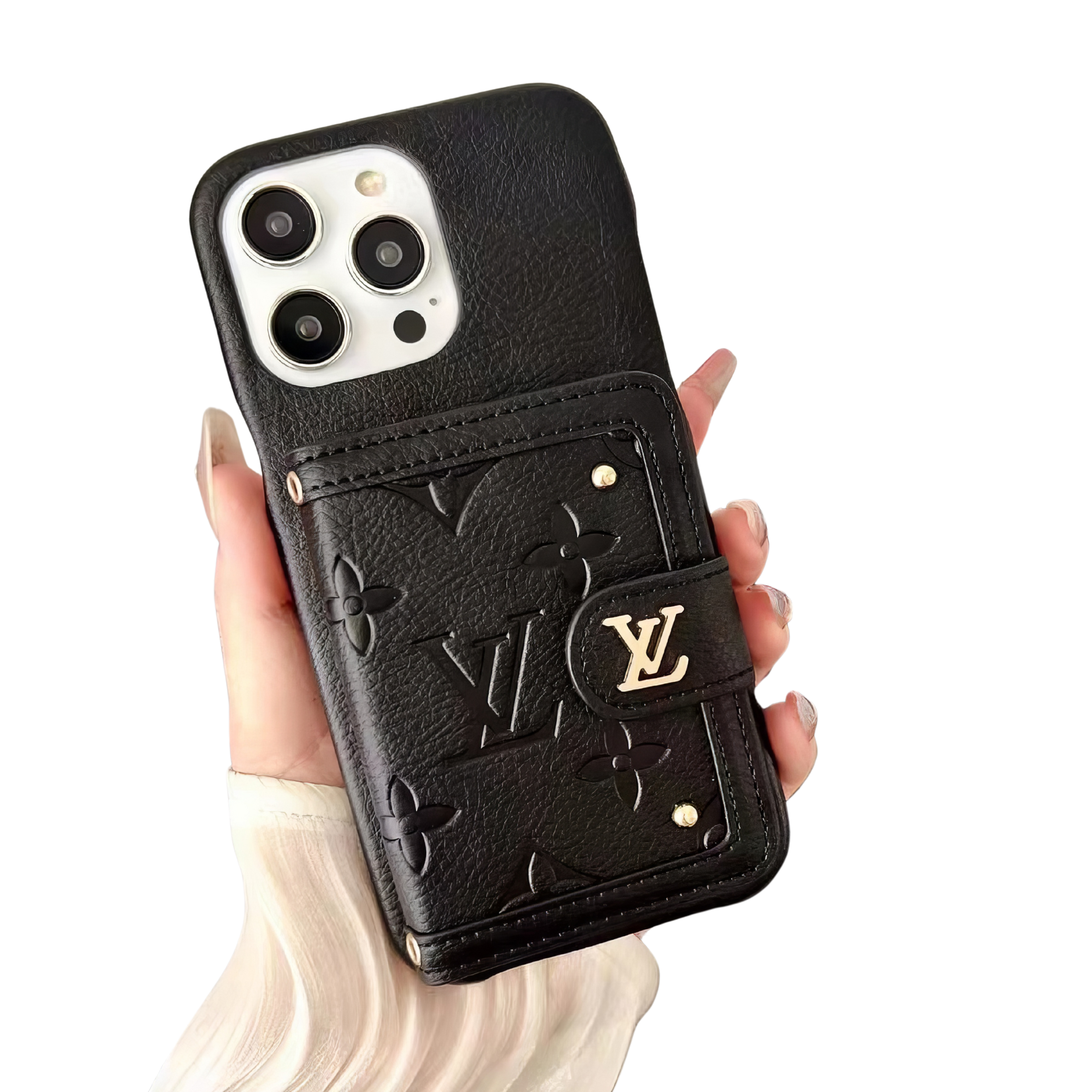 Black Louis Vuitton leather iPhone case with card holder and monogram pattern.